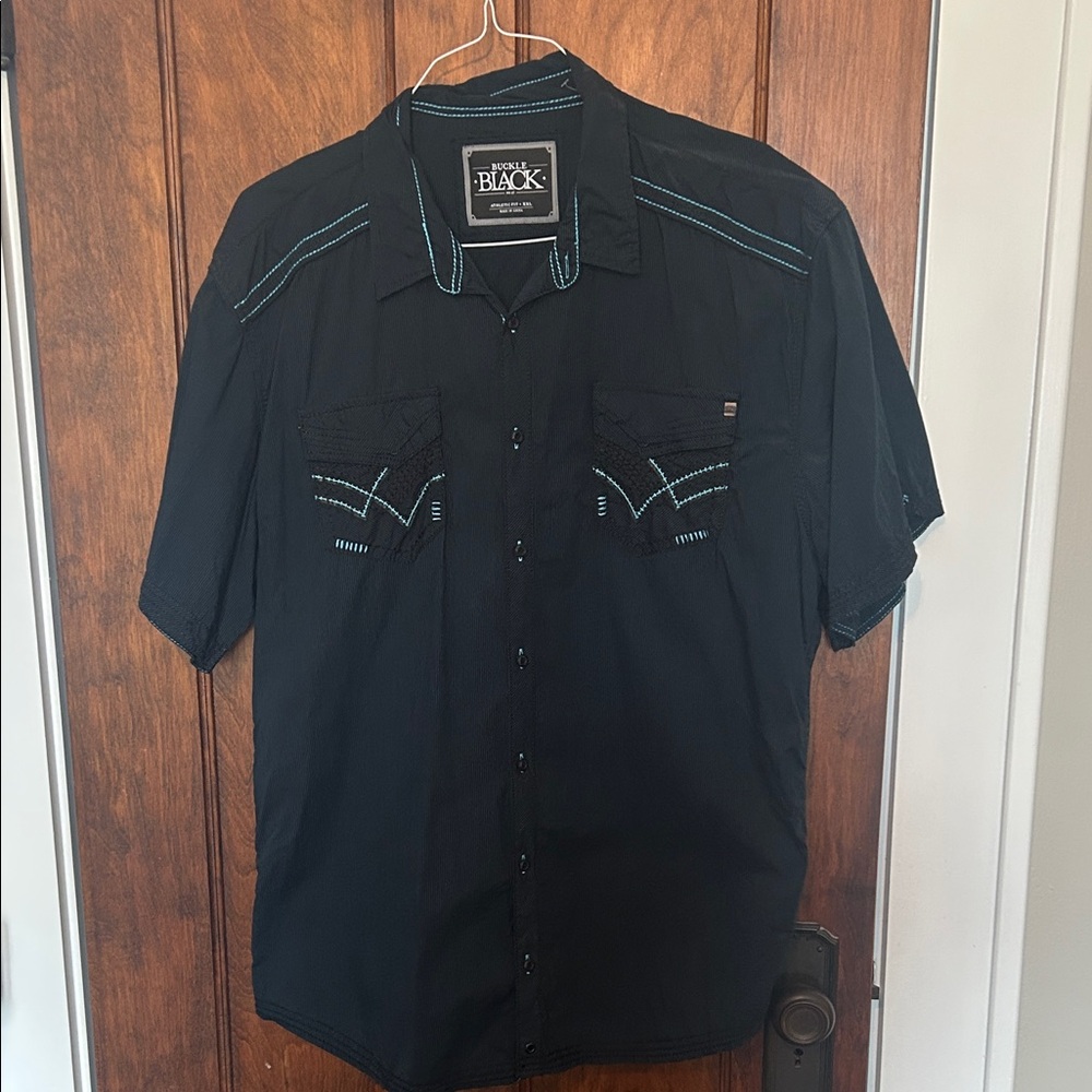 Buckle Black Button Down Short Sleeve Shirt with Blue Accents